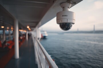 Fototapeta premium Ocean Surveillance. Ship's Bridge with Surveillance Camera Watching Decks Below