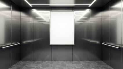 Interior de ascensor con un marco de póster en blanco en la pared, elegantes paredes de metal con un brillo sutil, paneles de vidrio que reflejan la luz