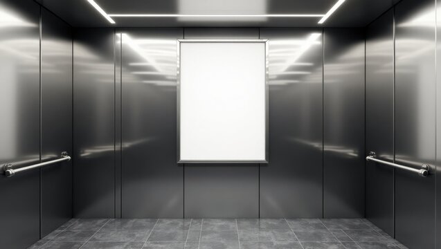 Interior de ascensor con un marco de p&oacute;ster en blanco en la pared, elegantes paredes de metal con un brillo sutil, paneles de vidrio que reflejan la luz