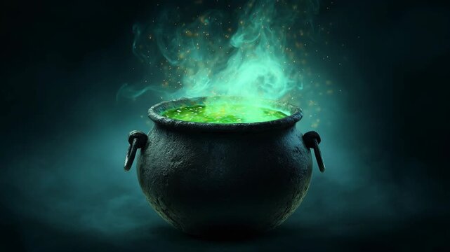 Cauldron with green glowing potion isolated on a dark foggy background