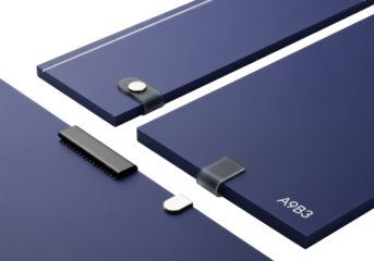 Three identical deep indigo polymer sheets, one perforated, one with 'A9B3', secured by unique fasteners on transparent background, precision and modular design concept