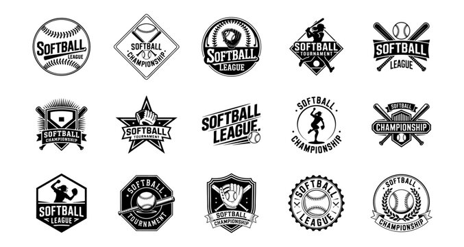 set of softball logos black and white emblems 