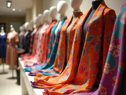 Bufandas estampadas en un caleidoscopio de colores, delicadamente drapeadas y art&iacute;sticamente dispuestas en una elegante y moderna boutique