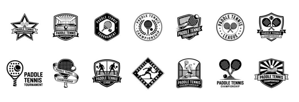 set of paddle tennis logos black and white emblems, racket sports