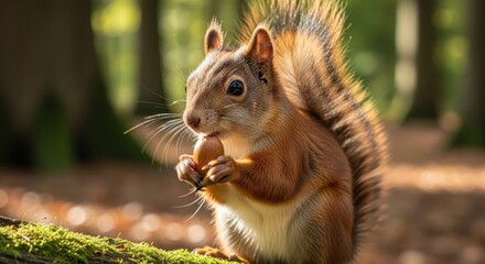 Obraz premium Adorable Red Squirrel Holding an Acorn in a Sunny Forest, Close-Up Wildlife Portrait