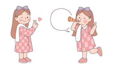 Two cute girls in pink dresses making heart signs and speaking.