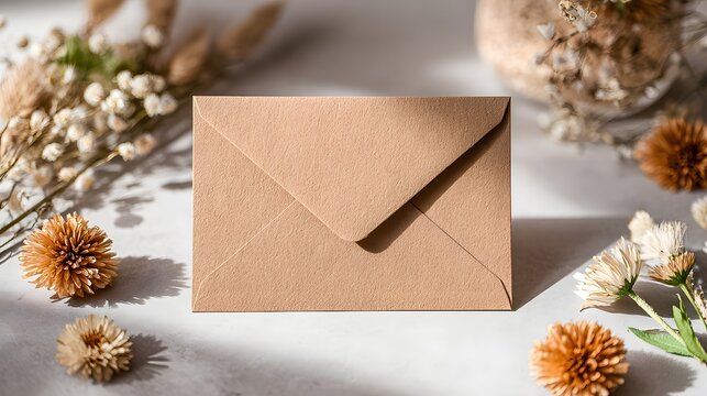 Elegant tan envelope is surrounded by dried florals for a heartfelt, personalized greeting concept