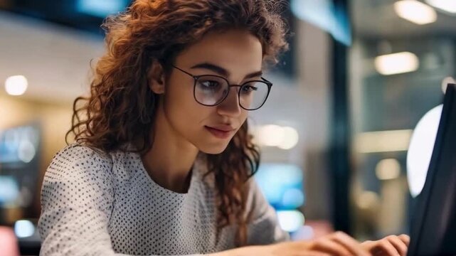 Female Software Developer Focused on Coding, Woman in Tech Programming at Night, Young Programmer Building Innovative Solutions
