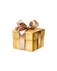 Gift box wrapped in gold ribbon sits on a clean white background, perfect for celebrations and special occasions
