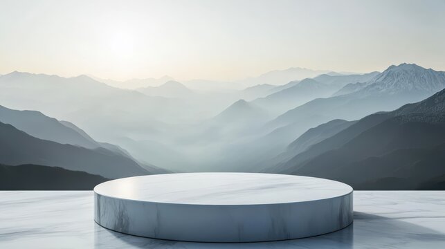 Marble product display platform with misty mountain background