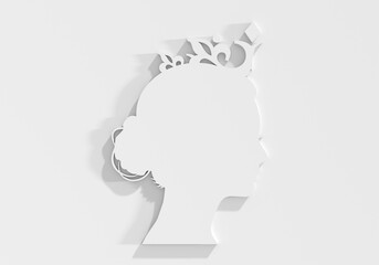 Profile view silhouette of a princess or queen. Cute girl portrait. Fashion branding emblem. 3D render