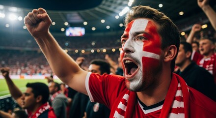 Excited Football Fan Cheering with Face Paint in Stadium