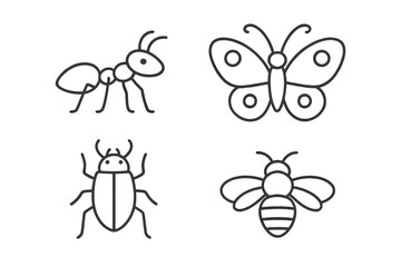 Set of insect line icons. Simple outline collection with ant, butterfly, beetle, bee. Minimalist vector graphic for nature, entomology, or educational concepts. Bug illustrations.