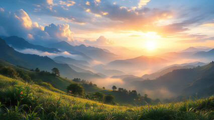 High resolution digital landscape background of mystical sunrise over blue mountains with golden light and dreamy clouds