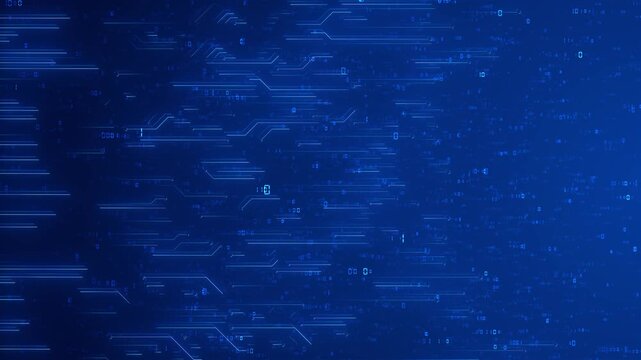 Circuit lines digital space as numeric code flows. Futuristic visual uses structure of technology, data flow, artificial intelligence. themes of coding, software, hardware, computing environments.