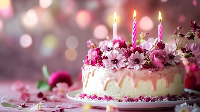 Esterhazy cake with candle for birthday elegant beautiful flowers