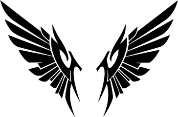 An artistic illustration of two symmetrical winged emblem featuring unique geometric forms and sleek design elements.
