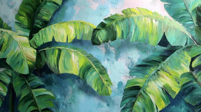 Vibrant Banana Leaf Oil Painting on Green Wallpaper Backdrop