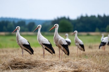 Obraz premium storks on hay mound, dry pasture surrounded by distant forest