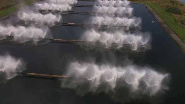 Rows of nozzles spray water into cooling basins at Minsk TPP 5 near Minsk, Belarus. Mist rises as water jets move continuously, with forest nearby.