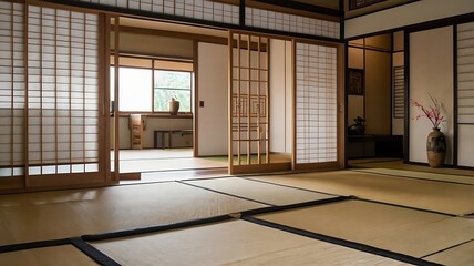 Interior with sliding wooden doors and smooth tatami mat flooring