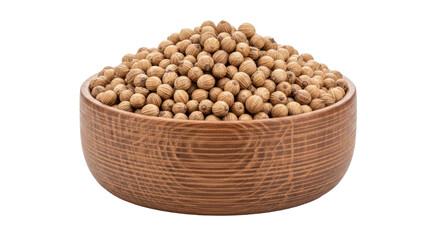 Isolated Coriander Seeds in Wooden Bowl