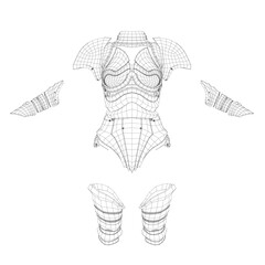 Female armor wireframe model with detailed blueprint of torso and arms, featuring intricate geometric shapes and realistic anatomical design.