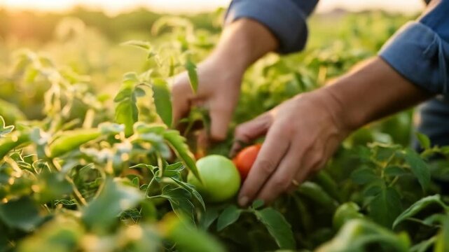 Hands picking ripe tomatoes in a field at sunset. Agriculture.