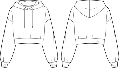 Cropped hoodie sweatshirt technical flat sketch vector template, long sleeve pullover with hood and drawstring, front and back view, casual fashion illustration