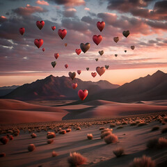 Naklejka premium Heart Shaped Balloons Soaring Over Desert Sunset