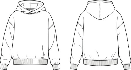 Fashion flat sketch hoodie template, front and back technical drawing, casual unisex sweatshirt design, vector garment outline, streetwear apparel illustration for clothing design