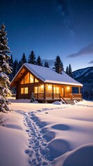 Fototapeta premium Cozy Wooden Cabin in Snowy Mountain Landscape at Dusk.