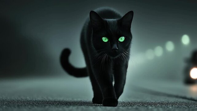 black cat with evil green eyes walking on dark night road halloween night