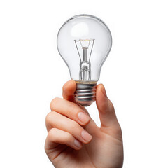 Close up of a human hand holding a clear incandescent light bulb isolated on transparent background