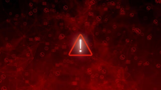 Glowing red interface floating phone, email, lock icons alert symbol, indicating threat error across communication network. danger of breached data, phishing alerts, compromised digital infrastructure