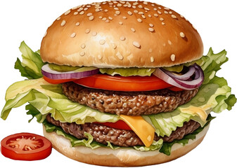 Grilled beef and cheese hamburger with vegetable slice drawing by watercolor.