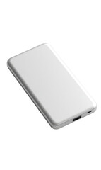 A simple, white, rectangular portable power bank, angled, with a charging port