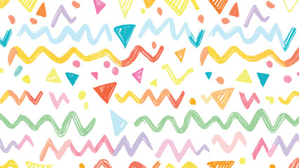  vibrant and playful abstract pattern featuring hand-drawn geometric shapes and wavy lines in various pastel colors.