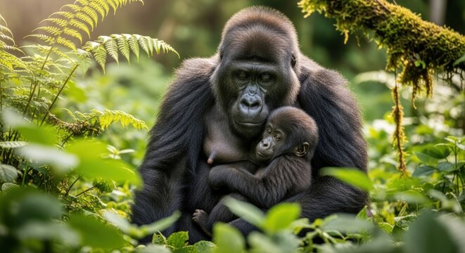 Loving Mountain Gorilla Mother and Baby in Lush Green Rainforest Habitat, Rwanda