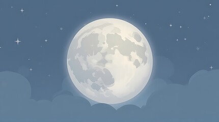 A bright full moon shines in a dark blue night sky with scattered stars and soft, stylized clouds.