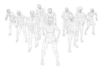 A 3D wireframe zombie set of animated figures standing in a dynamic line against a clean white background.