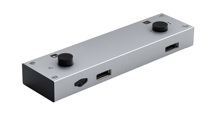 Light gray rectangular audio device with control knobs and ports