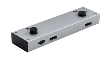 Light gray rectangular audio device with control knobs and ports