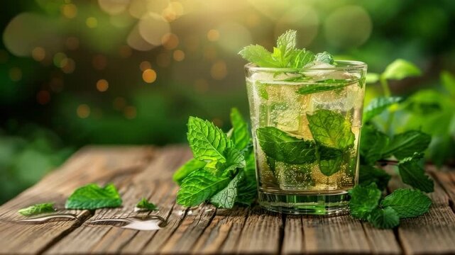 Refreshing summer drink with mint and ice on a wooden table outdoors with soft green background bokeh.