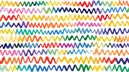 repeating pattern of colorful wavy lines on  white background.