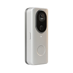 Obraz premium Modern, light gray, rectangular video doorbell. Features dual lenses, a touch-sensitive button, and a sleek design