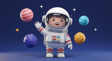 Naklejka premium A charming 3D cartoon astronaut waves amidst a whimsical galaxy of colorful planets and sparkling stars, inviting exploration and discovery in a playful space adventure