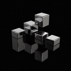 Obraz premium Sleek, metallic cubes arranged in an abstract composition, reflected on a black surface. Perfect for technology, design, or minimalist themes.