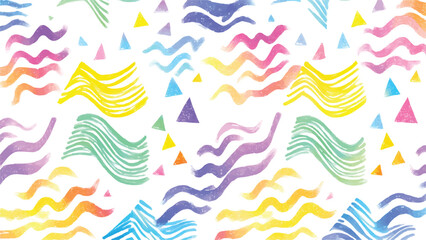  vibrant abstract pattern featuring colorful wavy brush strokes and scattered triangles on  white background.
