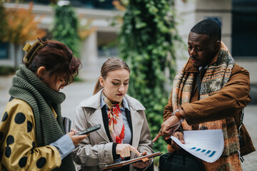 A group of diverse people working together outside in a collaborative brainstorming session, using electronic devices and discussing documents.